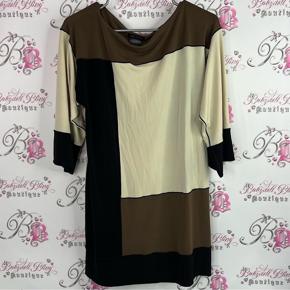 Eva Varro long sleeve abstract Black, Cream, and Brown Tunic Top